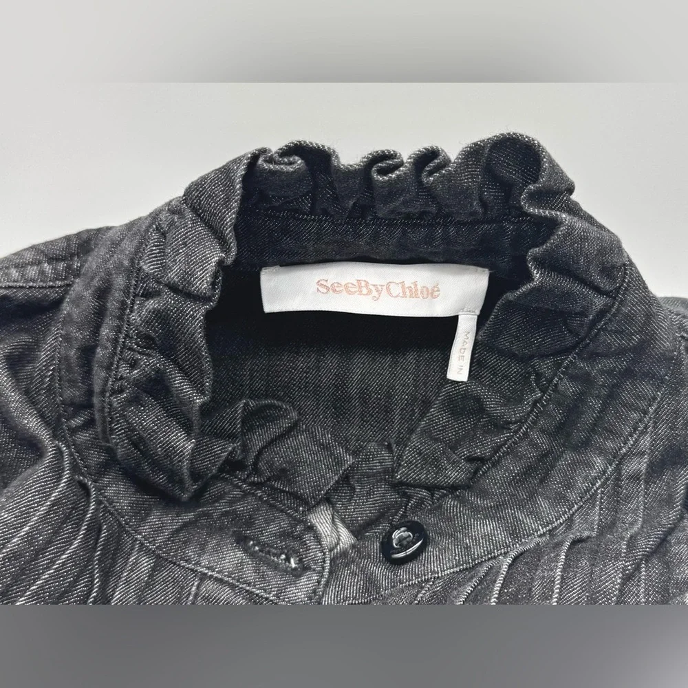 SEE BY CHOLÉ Ash Black Cotton Ruffled Denim Mock Neck Long Sleeves Shirt Size:S - Picture 6 of 11
